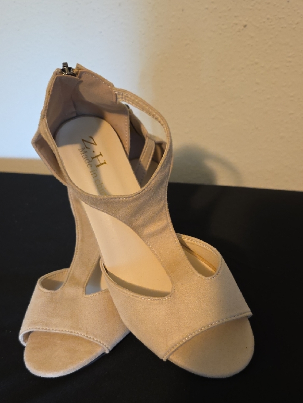 Nude Suede T-Strap Block Heel Sandals - Picture 8 of 13